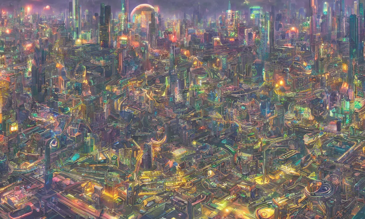 Image similar to futuristic city, illustration painting, oil on canvas, intricate, hd, digital art, overdetailed art, complementing colors, detailed, illustration painting by alex gray, digital art, syd meade