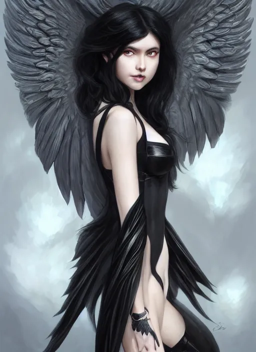 Prompt: beautiful black haired girl archangel with gray wings, black jacket, black bra, highly detailed, d & d, fantasy, highly detailed, digital painting, trending on artstation, concept art, sharp focus, illustration, art by artgerm and greg rutkowski and fuji choko and viktoria gavrilenko and hoang lap