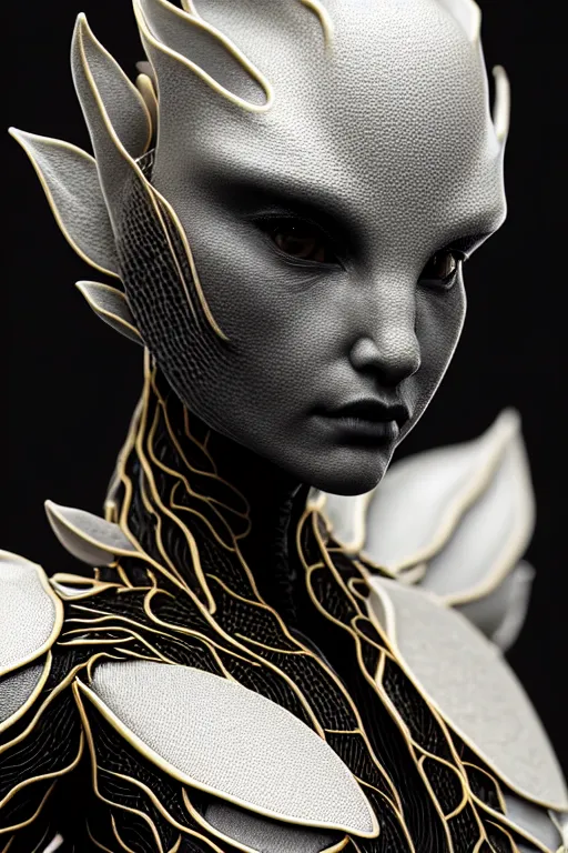 Image similar to bw close - up profile face, black background, beautiful young porcelain vegetal - dragon - cyborg - female, 1 5 0 mm, beautiful natural soft rim light, silver gold details, magnolia leaves and stems, roots, mandelbot fractal, elegant, hyper real, ultra detailed, white metallic armour, octane render, 1 6 k