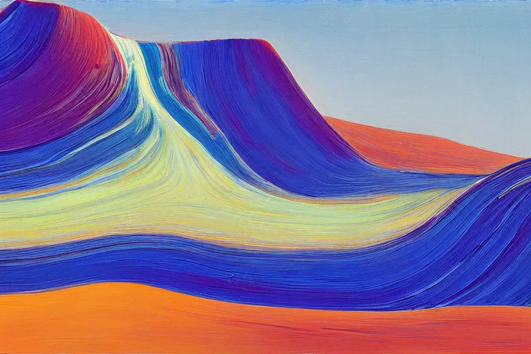 Image similar to A wild, insane, modernist landscape painting. Wild energy patterns rippling in all directions. Curves, organic. Saturated color. Mountains. Clouds. Rushing water. Wayne Thiebaud.