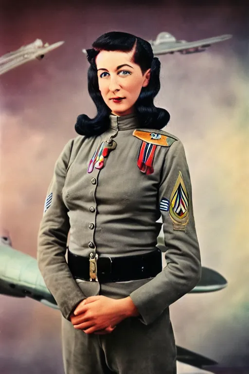 Image similar to 5 0 mm f 8 full body wide shot portrait colorized photography of a wwii bomber pilot who's a mix of cleopatra and mata hari with grey eyes and rainbow ponytail hair, expression concentrated, setting is in a starship hangar bay, by omar z. robles