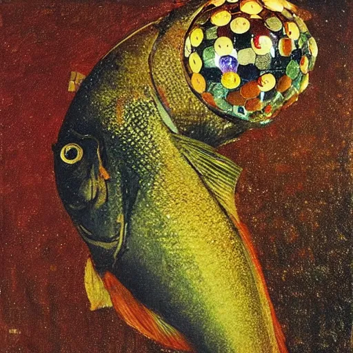 Prompt: fish with disco ball texture by ilya repin