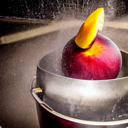 Prompt: a large plum being thrown into a meat grinder with sharp spinning blades, realistic photograph, 4 k, hd