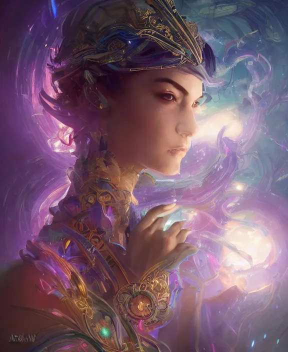 Image similar to a whirlwind of souls rushing inside the metaverse, half body, glowin eyes, tiara with sapphire, pharaoh, android, cyberpunk, d & d, fantasy, intricate, elegant, highly detailed, colorful, vivid color, digital painting, artstation, concept art, art by artgerm and greg rutkowski and alphonse mucha and ruan jia