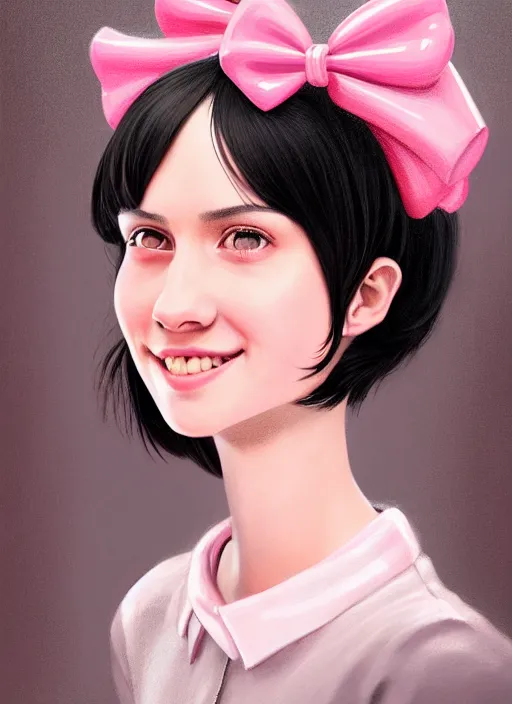 Image similar to portrait of high school girl, realistic, black hair, bangs, half updo hairstyle, pointy nose, skinny, smile, ugly, defined jawline, big chin, pink hair bow, earrings, intricate, elegant, glowing lights, highly detailed, digital painting, artstation, sharp focus, illustration, art by wlop, mars ravelo and greg rutkowski