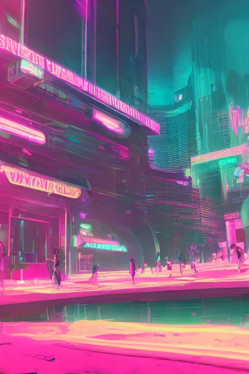 Prompt: cyberpunk syntwave beach, midday, pink neon lights, futuristic, cgsociety, in the style of artstation