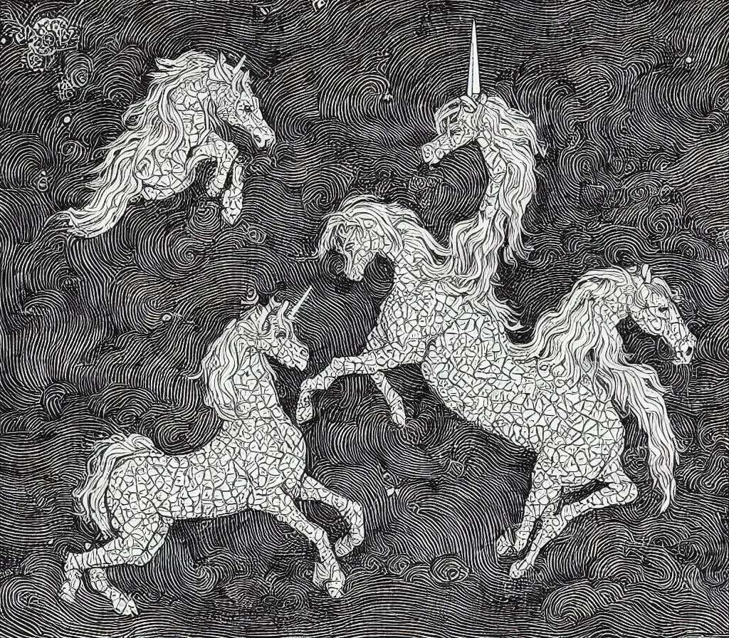 Prompt: Beautiful isometric print of a Beautiful Unicorn made out of geometric lego bricks in the darkness of outer space in the style of Albrecht Durer and Martin Schongauer and Hokusai, high contrast!! finely carved woodcut engraving black and white crisp edges