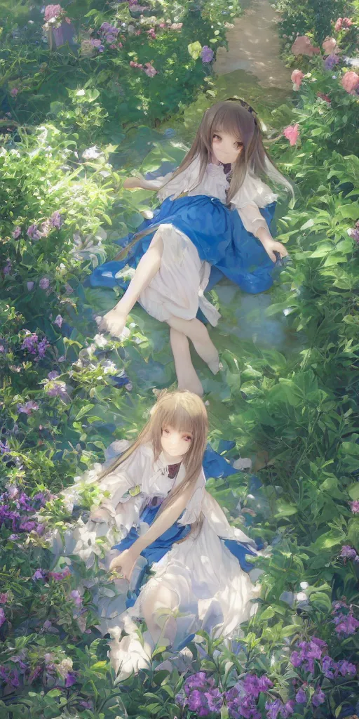 Image similar to a digital art full of atmosphere of a loli with long hair in a dress in the privet garden at after noon, green and warm theme, blue accents, low angle, back lighting, highly detailed, 4 k resolution, trending on art station, by krenz cushart and mucha and akihito yoshida and greg rutkowski and makoto shinkai