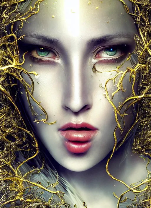 Image similar to glowing silver and golden elements, full close-up portrait, young female model from deviantart as a dark witch, book cover, green forest, white moon, red lips, establishing shot, extremly high detail, photo-realistic, cinematic lighting, pen and ink, intricate line drawings, by Yoshitaka Amano, Ruan Jia, Kentaro Miura, Artgerm, post processed, concept art, artstation, matte painting, style by eddie, raphael lacoste, alex ross