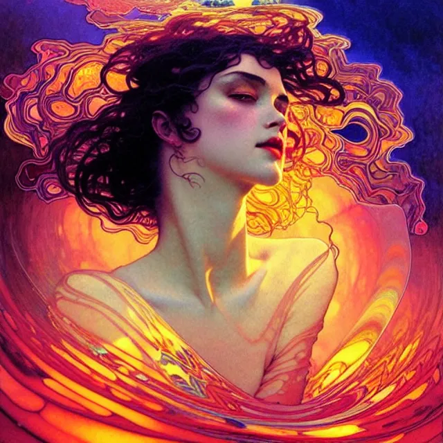 Image similar to mind bending sapphire ocean waves of glossy psychedelic liquid honey drops flowing like kaleidoscopic translucent amber, lsd waves, psychedelic ripples, crystal clear, backlit, sunset, refracted lighting, art by collier, albert aublet, krenz cushart, artem demura, alphonse mucha