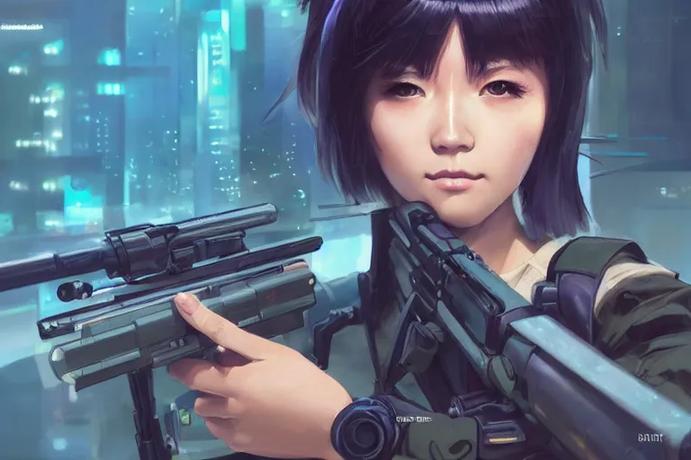 Prompt: young female japanese sniper aiming a railgun sniper rifle, neon, cyberpunk, futuristic, full cybernetic combat suit, short bob haircut, stunning, highly detailed, digital painting, smooth, soft focus, illustration, ghost in the shell, 4 k digital art from artstation by artgerm and greg rutkowski and alphonse mucha