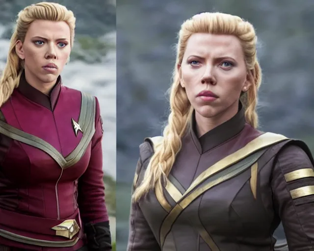 Image similar to starfleet uniform, portrait of scarlett johansson as lagertha, in starfleet uniform, from the tv series vikings