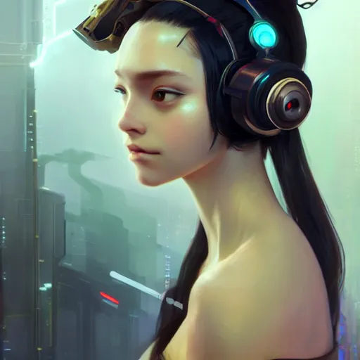 Prompt: cyberpunk girl with headset, with techware, intricate, elegant, highly detailed, digital painting, japanese, unreal engine 5, trending on artstation, concept art, studio ghibli, illustration, art by artgerm and greg rutkowski and alphonse mucha