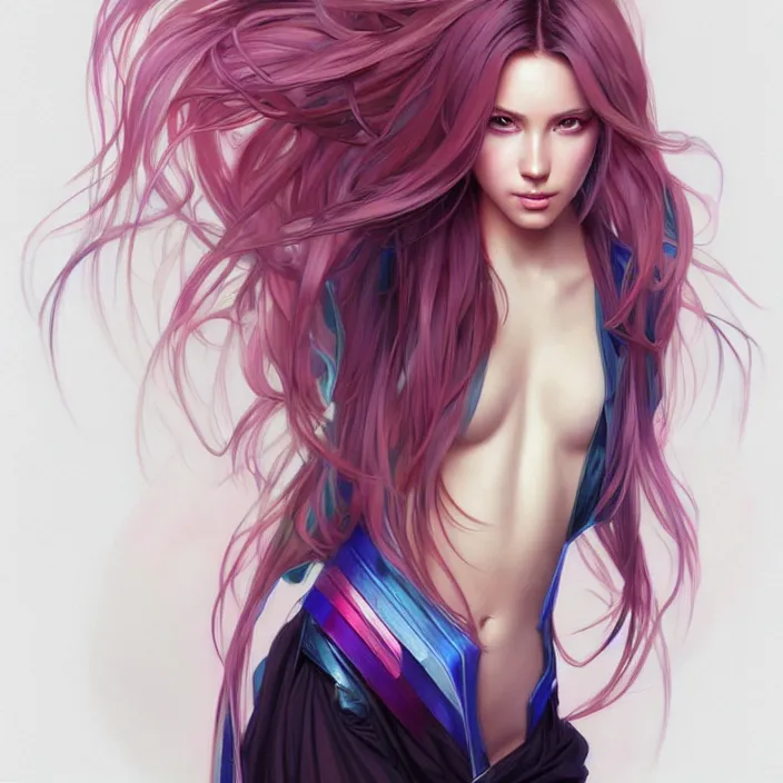 Image similar to full body portrait, a beautiful symmetrical gorgeous anime girl, rainbow hair, attractive, casual, modern, victoria's secret, highly detailed, digital painting, artstation, concept art, smooth, sharp focus, illustration, art by artgerm, greg rutkowski and alphonse mucha, 8 k,