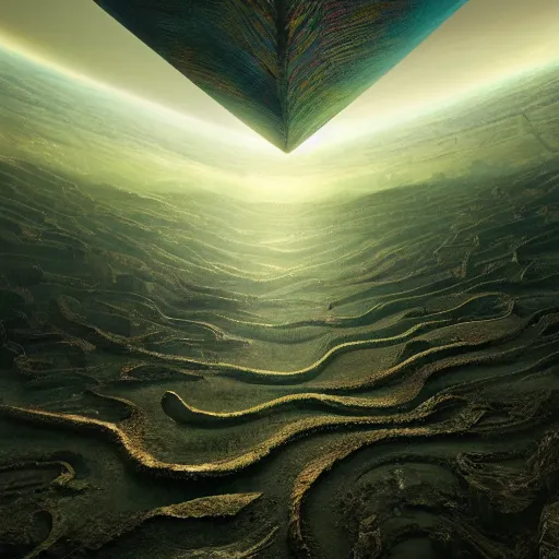 Prompt: The world is labyrinthine beyond possibility of imagining, inhabited on many levels by alien intelligence, infinite in extent, staggering in its beauty, terrifying in its weirdness, endlessly satisfying and peculiar, by Giger and John Constable and Bruce Pennington, cinematic lighting, hyper realism, high detail, octane render, 8k, iridescent accents