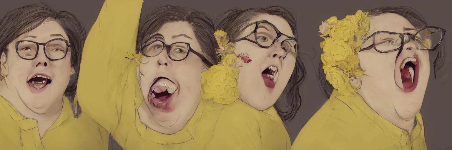 Prompt: female character study of cute young plus size todd solondz screaming, clear sharp todd solondz face, wearing yellow floral blouse, glasses, character sheet, fine details, concept design, contrast, by charlie bowater, francis bacon and pixar, trending on artstation, 8 k, full body and head, turnaround, front view, back view, ultra wide angle