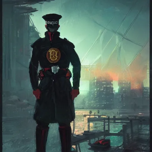 Image similar to pale, rubbery mutant with determined expression, sharp features, moist skin and wide black eyes wearing fascist Napoleonic Tang Dynasty police uniform standing on cyberpunk docks, science fiction concept art by Greg Rutkowski and Anato Finnstark