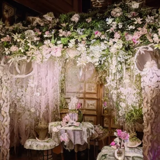 Prompt: A fantasy historical 1900s Russian and Japanese mix taken of a royal wedding floral covered venue inspired by a enchanted ethereal forest.