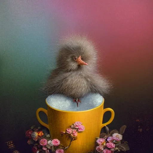 Prompt: long shot of a very fluffy beer chick nesting in a floral cup, esao andrews, by m. w. kaluta, humorous illustration, hyperrealistic, tilt shift, warm colors, night scenery, low light, 3 d octane render, 4 k, volumetric lights, smooth, cosy atmosphere, conceptart, hyperdetailed, trending on deviantart