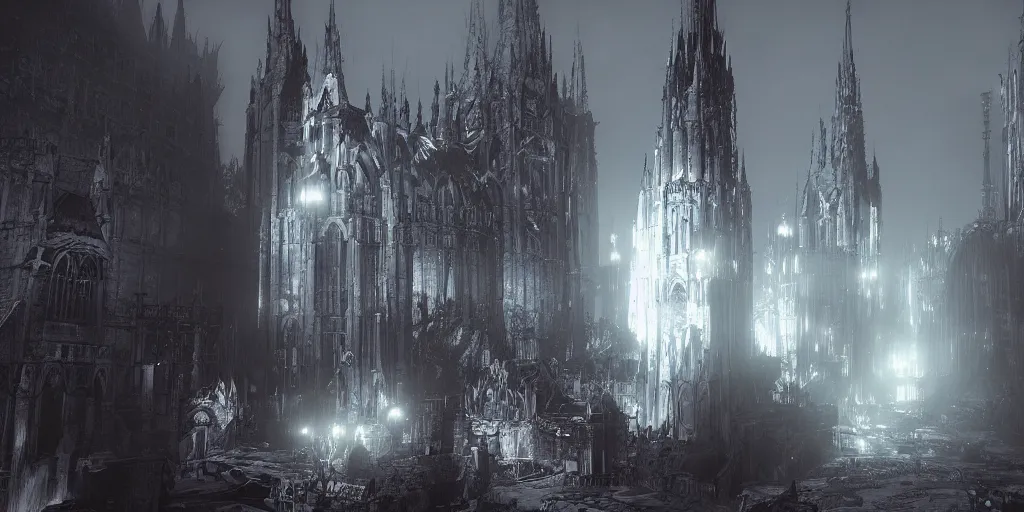 Image similar to grimdark tsutomu nihei aposimz gothic cathedral city, unreal engine, 8 k, ultra realistic, ultra detail