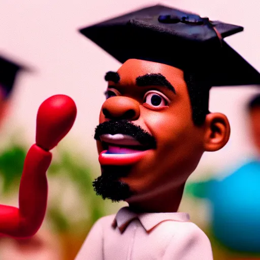 Image similar to a cinematic film still of a claymation stop motion film starring chance the rapper as a college student, shallow depth of field, 8 0 mm, f 1. 8