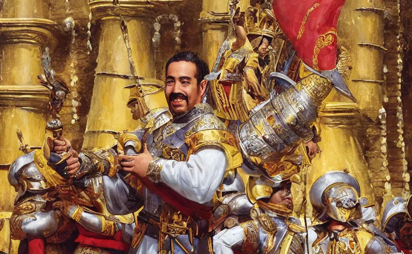 Prompt: smiling spanish conquer soldier francisco pizarro holding golden cup on a inca temple, highly detailed, digital painting, artstation, concept art, sharp focus, dreamy illustration, art by katsuhiro otomo ghost - in - the - shell, magali villeneuve, artgerm, rutkowski jeremy lipkin and giuseppe dangelico pino and michael garmash and rob rey