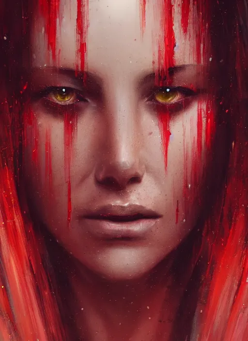 Image similar to a realistic detail portrait of a beautiful female angle in hell, raining, thunder, magic, dragon, oil painting by Julian calle, wlop, greg rutkowski, Finnian MacManus, Trending on artstation, red and yellow scheme, 8k, RE Engine