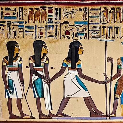 Prompt: founded egyptian painting of humans praising an emoji god