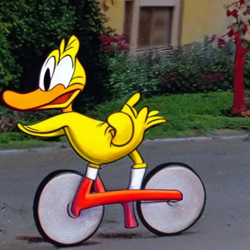 Image similar to donald duck riding a bike, in style of don rosa