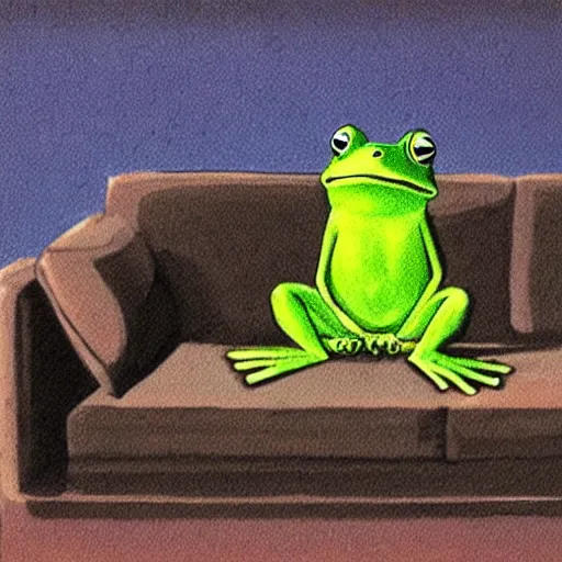 Prompt: A frog sits on a couch and watched TV, Hyperrealistic