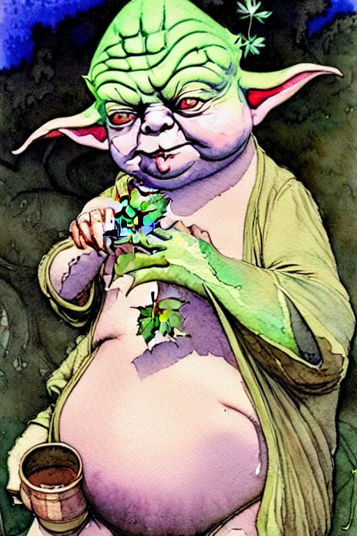 Image similar to a realistic and atmospheric watercolour fantasy character concept art portrait of a fat yoda with pink eyes giggling and holding a blunt with a pot leaf nearby, by rebecca guay, michael kaluta, charles vess and jean moebius giraud