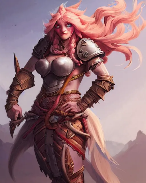 Prompt: woman firbolg from dungeons and dragons wearing armor with long braided peach color hair, character screenshot, intricate, sharp focus, illustration, highly detailed, digital painting, cell shaded, concept art, matte, art by simon fetscher and klaus wittmann and alice rose artist, character art by max berthelot and greg rutkowski, studio quality, masterpiece
