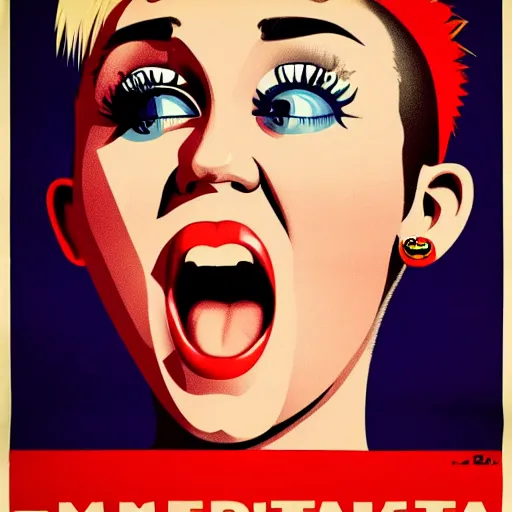 Image similar to propaganda poster, miley cyrus, close up, portrait, shouting