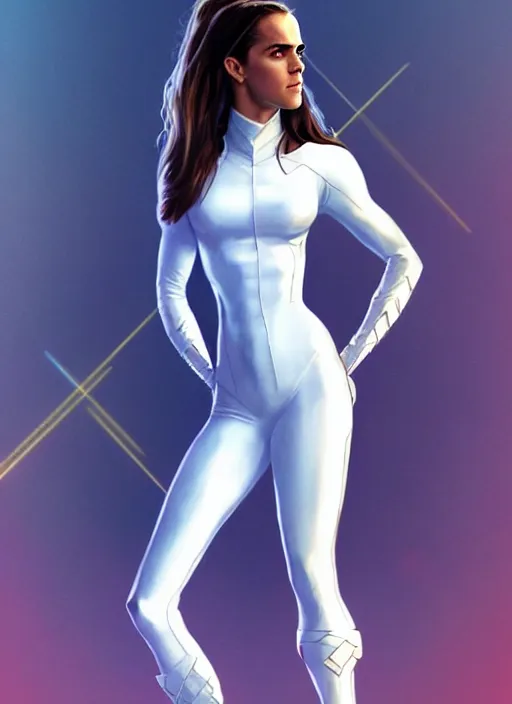 Image similar to full body portrait of marvel cinematic universe emmawatson as aaliyah haughton, x - men, emma frost, elegant, diamonds!! super hero, white outfit, diamond skin, highly detailed!! digital painting, artstation, glamor pose, concept art, sharp focus, illustration, art by artgerm and greg rutkowski, artey freytag