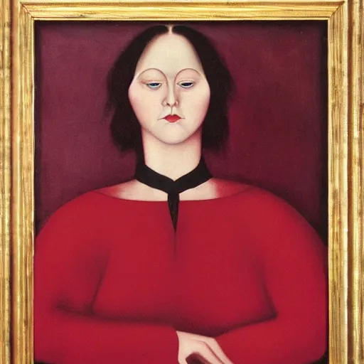 Image similar to a middle aged woman in a red dress, by christian schad