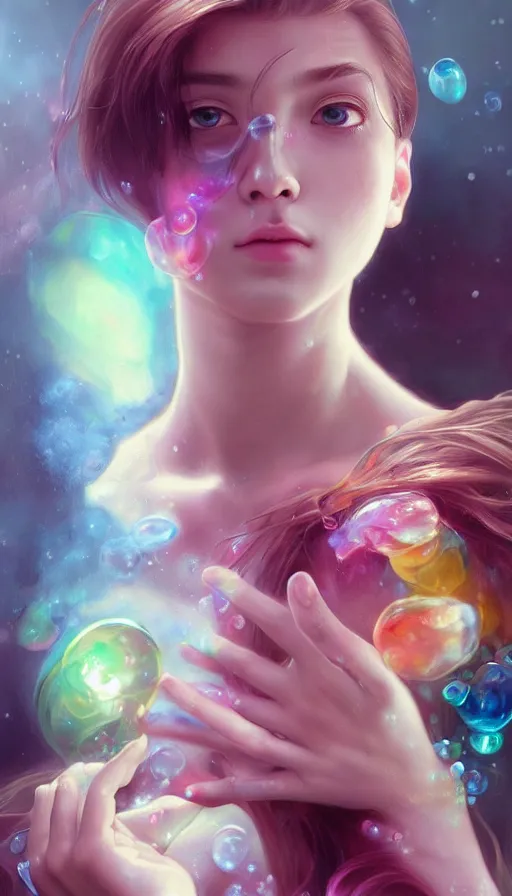 Prompt: man gets samsung galaxy 2 2, dreamy and ethereal, expressive pose, big pink eyes, exciting expression, fantasy, intricate, elegant, many rainbow bubbles, rose tones, highly detailed, digital painting, artstation, concept art, cyberpunk wearing, smooth, sharp focus, illustration, art by artgerm and greg rutkowskiand alphonse mucha