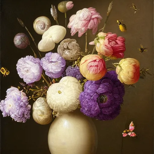 Image similar to still - life of bouquet of lilac and ranunculus with honeycomb bees and birds feathers, rachel ruysch, dark, moody