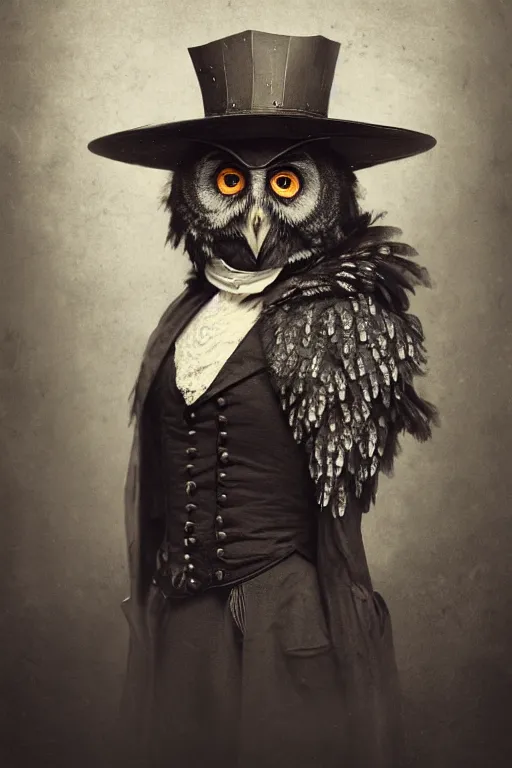 Image similar to wet plate photograph portrait of a victorian - era anthropomorphic owl dressed in a victorian - era clothing, dramatic lighting, highly detailed, digital painting, artstation, concept art, smooth, sharp focus, illustration, art by wlop, mars ravelo and greg rutkowski