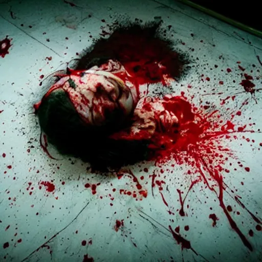 Prompt: filmic dutch angle movie still 4k UHD 35mm film color photograph of a freshly severed head with a pained expression, wearing a surgical mask , head is sideways on the floor soaked in blood, in the style of an extreme grotesque splatter horror movie