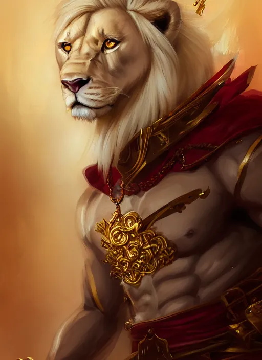 Prompt: aesthetic portrait commission of a of a male fully furry muscular anthro albino lion holding a golden katana and wearing shiny and wet heavy red and gold royal samurai full armor in a Japanese forest while storming, cinematic epic shot. Character design by charlie bowater, ross tran, artgerm, and makoto shinkai, detailed, inked, western comic book art, 2021 award winning film poster painting