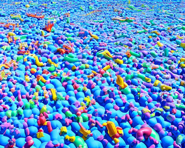 Image similar to a long shot of a giant award winning sculpture of a human head made out of a lot of inflatable pool toys, on the surface of the ocean, in the style of chad knight, hyper detailed, hyper realistic, ray tracing, 8 k resolution, sharp focus, realistic water