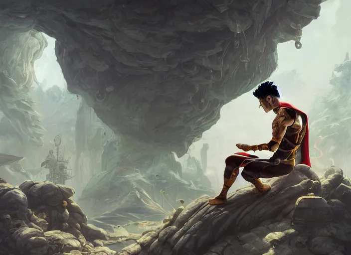 Image similar to an insanely detailed painting of an asian man wearing a homemade superhero costume, sitting at a desk, staring seriously at the computer and typing, in the style of peter mohrbacher, dramatic lighting and composition, surreal background, octane render, pixar, trending on artstation, concept art, comic book, view from behind, 8 k