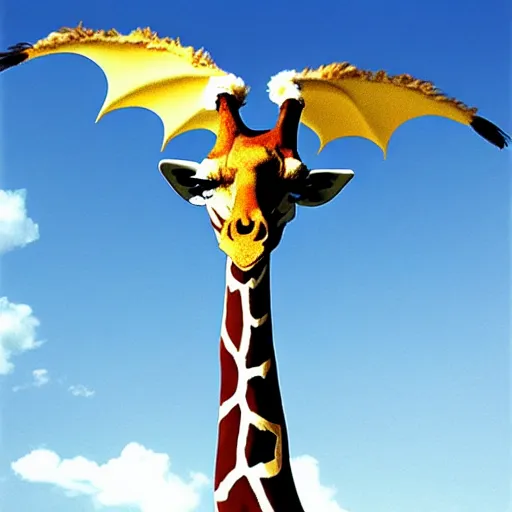 Image similar to giraffe with big blue feathered dragon wings on its back, full body shot, wings, by studio ghibli