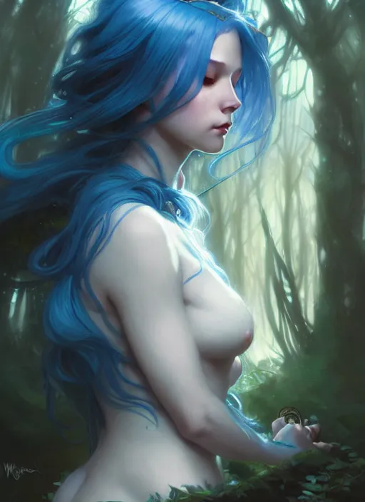 Image similar to stunningly beautiful female blue hair, fantasy art, fae priestess, lush forest landscape, dark light night, sharp focus, digital painting, 4 k, concept art, art by wlop, artgerm, greg rutkowski and alphonse mucha