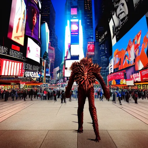 Prompt: demogorgon walking peacefully in times square in the middle of crowdm dawn sunny day, lens flare, hyper realistic, intrincate, 16k, unreal render engine