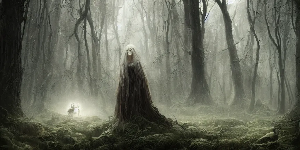 Prompt: a portrait of the ghost lady of the forest with wood spirit in the trees with will o the wisp, photorealistic, by greg rutkowski, wlop, 4 k resolution h 7 6 8
