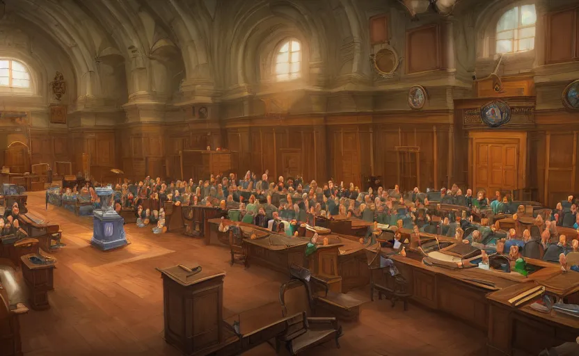 Prompt: the courtroom, in the center is a bald man in a skirt, no blur, 4 k resolution, ultra detailed, style of marc simonetti, tyler edlin, deviantart