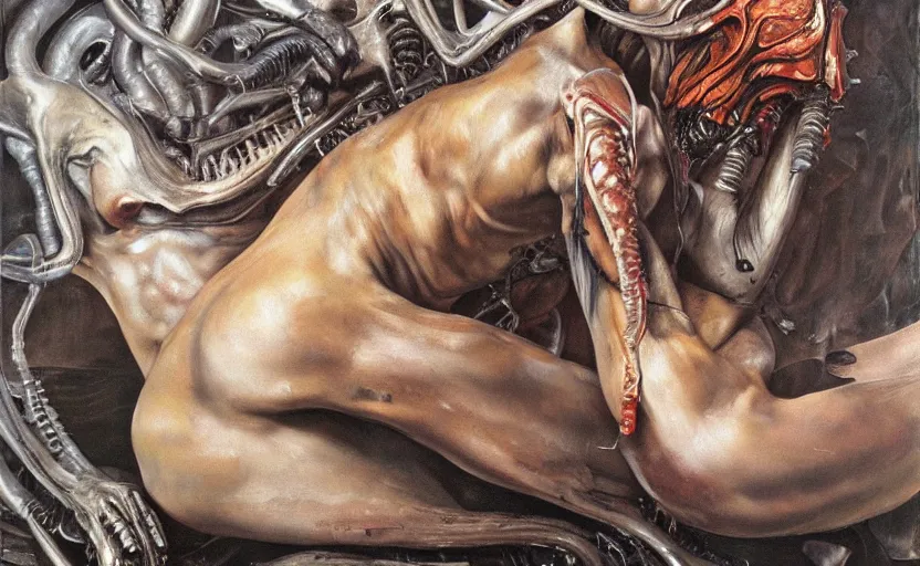 Image similar to high quality high detail painting by lucian freud and frank frazetta and jenny saville, hd, xenomorph, muted colors, cinematic