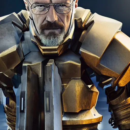 Image similar to Walter White in futuristic battle armor with shields, 4k octane render, highly detailed