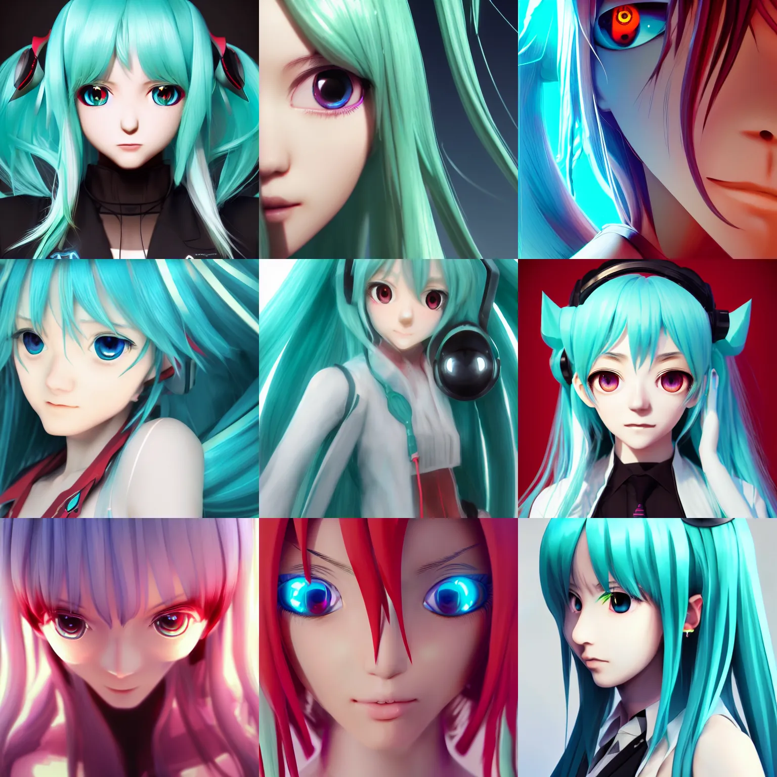 Prompt: artstation, Hatsune Miku, Vocaloid, character, portrait, muted palette, renderman render, photo-realistic, highly reflective, octane render, concept art, symetrical eyes, fire eyes, red long hair, 8k, photorealistic, by Keith Parkinson